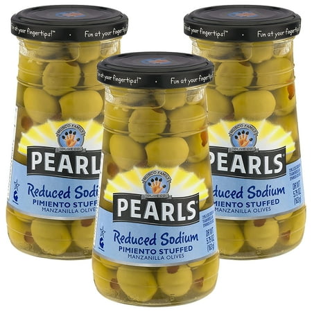 - (3 Pack) Pearls Reduced Salt Pimiento Stuffed Manzanilla Olives, 5.75 Oz