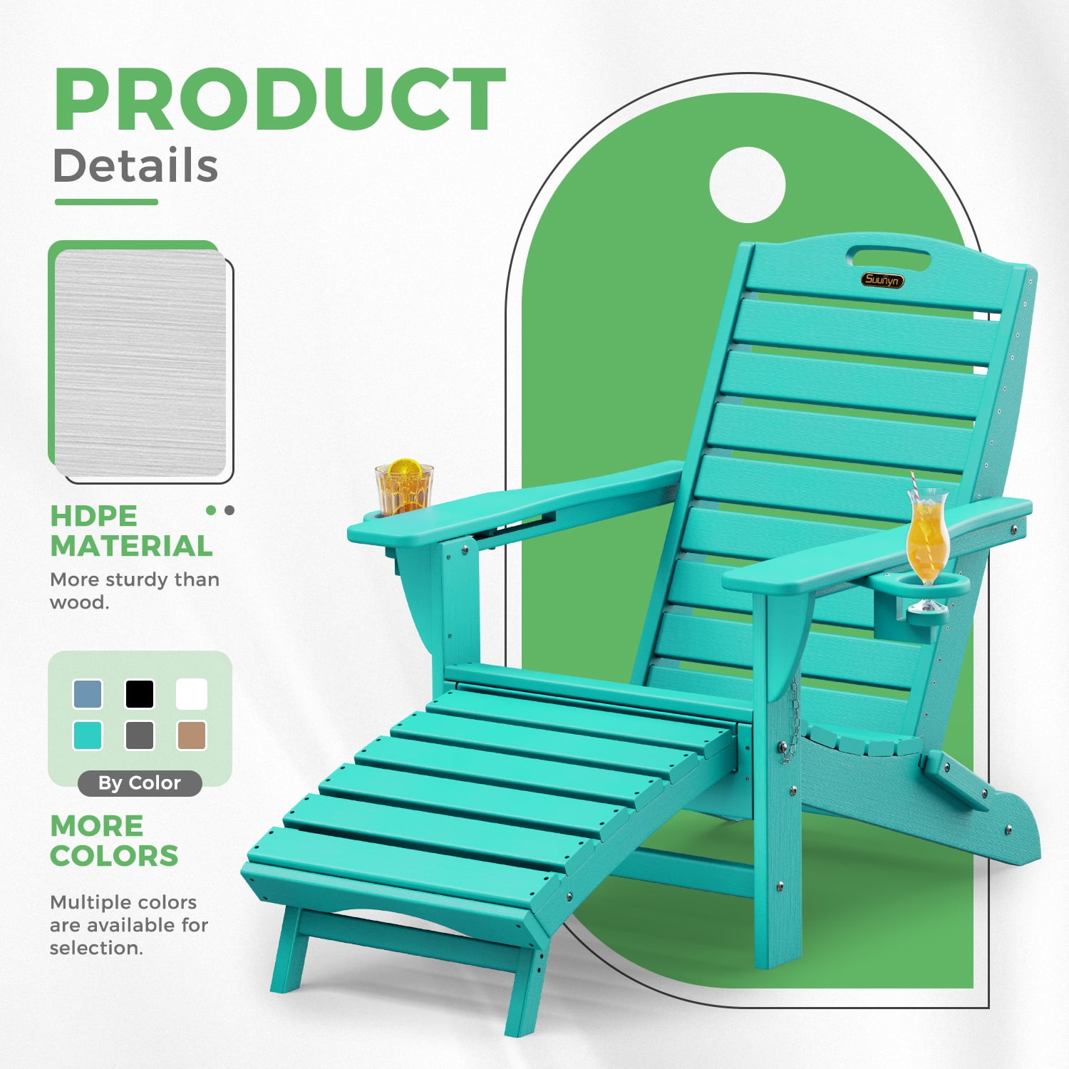 Folding Adirondack Chair with Ottoman Set of 2 HDPE Patio Chair Pull Out Footrest with 2 Cup Holders Garden Lawn Lake Blue