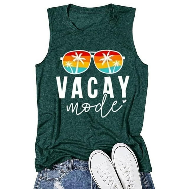 HJYCHN Camisoles pour Femmes Dames Mode Décontractée Imprimé de Lettres Sans Manches Col Ras du Cou Débardeurs pour Femmes Vert Foncé_001 S