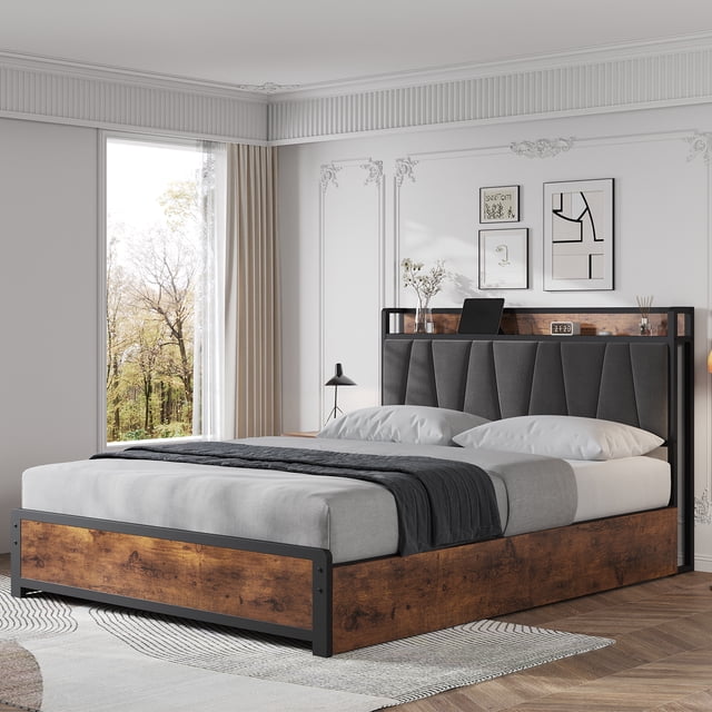 CazToi Full Size Platform Bed with Charging Headboard & 4 Storage Drawers Linen Upholstered No Box Spring Needed
