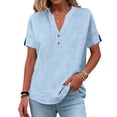 thumbnail image 3 of Linen Shirts for Women Linen Blouses Plus Size Summer Outfits Women's Tunics V Neck Summer Tops Button Tunic Blouse Short Sleeve Tee Shirts Womens Shirts for Women Summer Blouses Light Blue XXL, 3 of 9