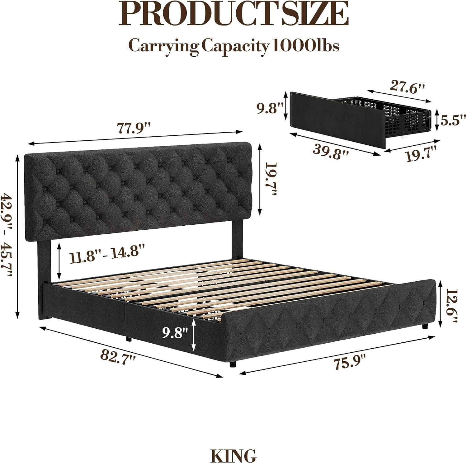 Garvee King Size Bed Frame, with 4 Storage Drawers & Adjustable Headboard, No Box Spring Needed, Black