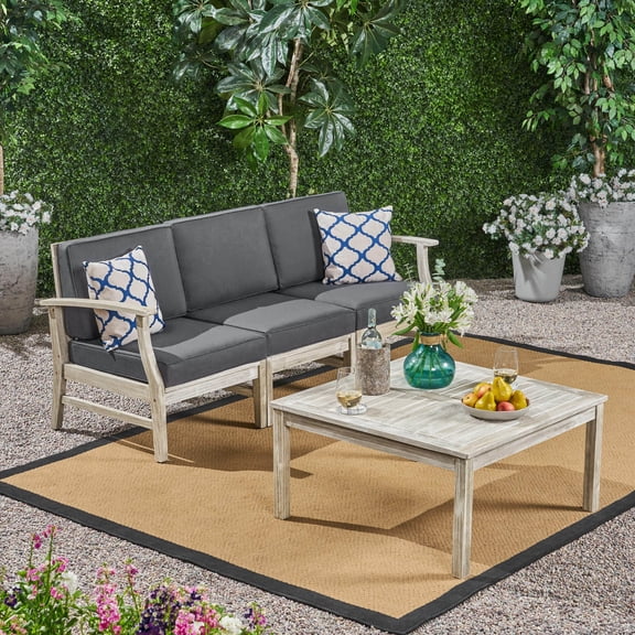 Ayden Outdoor 4 Piece Acacia Wood Sofa and Coffee Table Set, Light Gray, Dark Gray