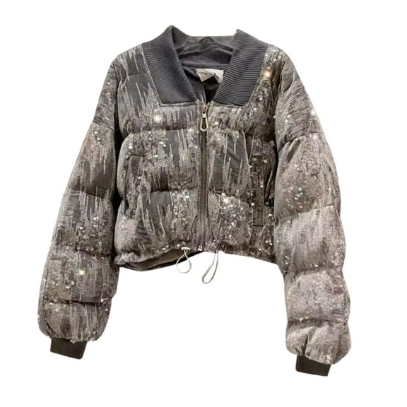 Otqutp Kids Sequin Jacket Winter Short Puffer Down Coat Teens Girls Glitter Shrug Lightweight Windbreaker Zip Up Outerwear