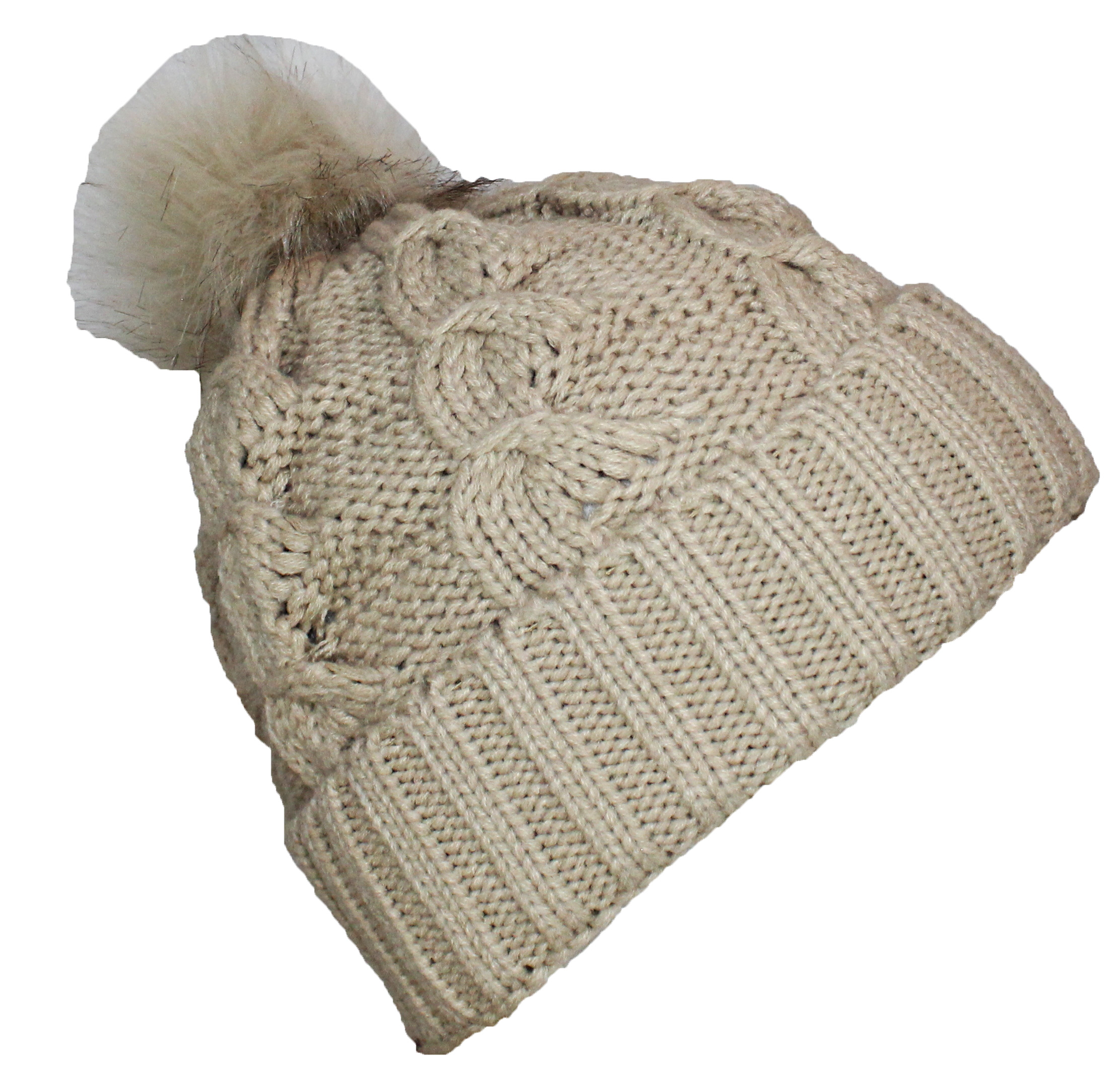 Women’s Khaki Winter Ribbed Beanie Hat Chunky Cable Knit Pompom Warm C.C® Trending Cable-Knit Tan Pom Beanie - Unisex Soft  main image 2