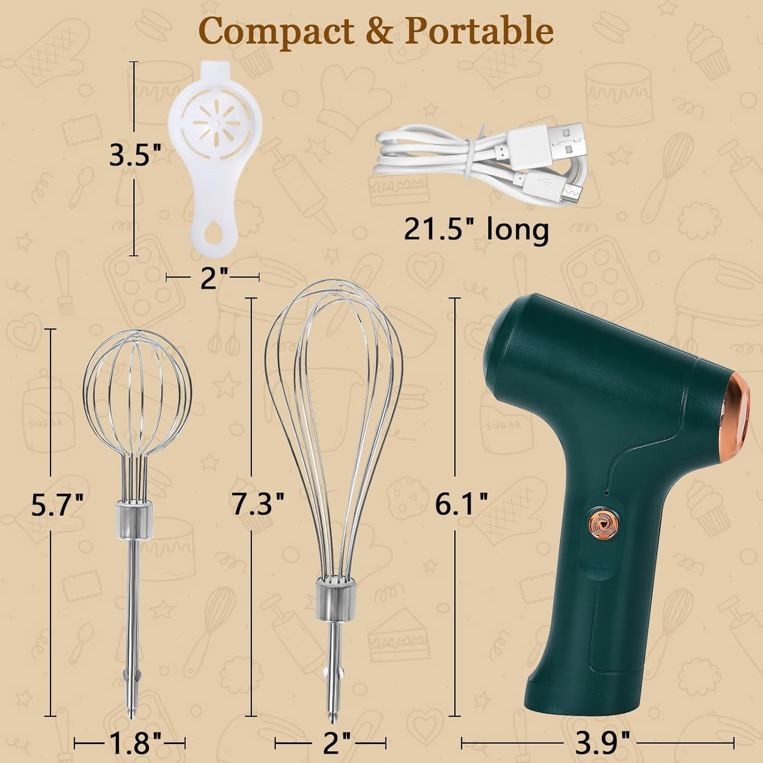 ABCISI Portable Cordless Hand Mixer, Handheld Electric Whisk with 3 Speed Modes, Egg Beater with 2 Detachable Stir Whisks for Eggs/Milkshake Cream/Butter/Baby Food  (Green)
