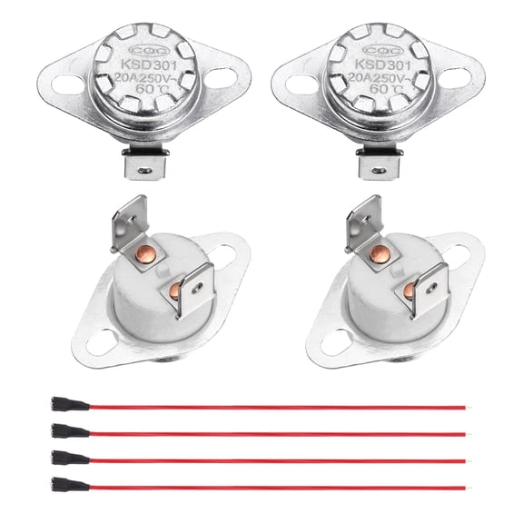 2 Pcs KSD301 Thermostat 60°C/140°F 20A Normally Closed N.C Adjust Snap Disc Temperature Switch with Terminal Wire for Microwaves,Oven,Coffee Maker
