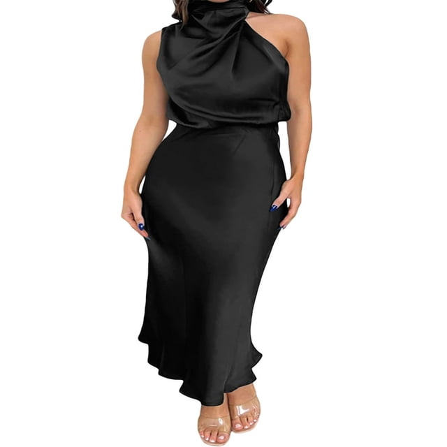 PENGXIANG Robe Maxi en Satin pour Femmes Élégante Sans Manches Col Montant Soirée Mariage Robe Longue Formelle
