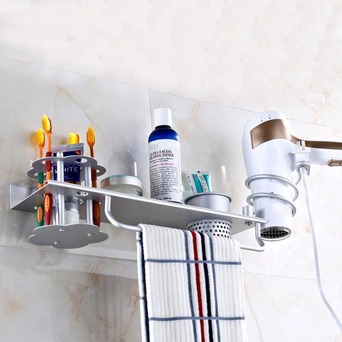 Multi-function Bathroom Wall Mounted Hair Dryer Comb Rack Space Aluminum Shelf 
