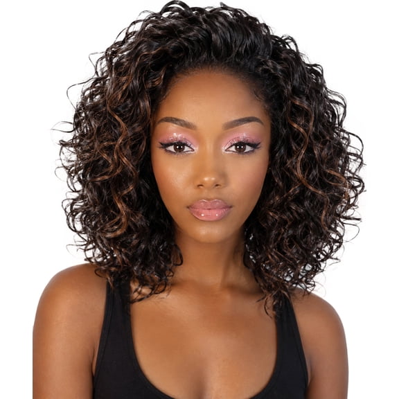 LUXLUXE Vale Curly Layered 13.5 in Long Half Wig No Lace Wig, Heat Resistant Fibers,Black with Caramel Highlights