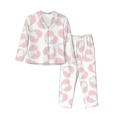 Pajamas for Women Set - Cute Pink Loving Cartoon Cat Comfy Long Sleeve Button Up Pajama Sets for Women 2 Piece  Soft Sleepwear Nightwear Pjs Lounge Sets for Women with Pockets