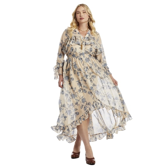 June & Vie Women's Plus Size Ruffle Detail Maxi Shirt Dress