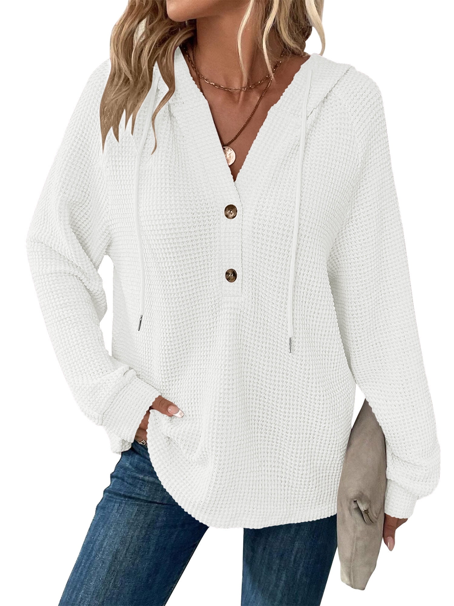 Temofon Women's Waffle Knit V-Neck Pullover Hoodie photo 1