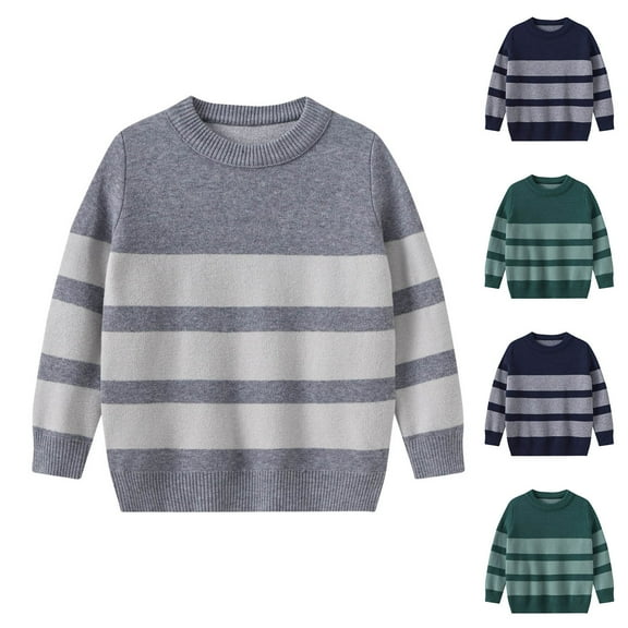 WRKEKC Kids Sweater Crew Neck Stripe Print Long Sleeve Warm Knitted Top for Boys Girls 3-14 Years Cozy Fall Winter Knitwear