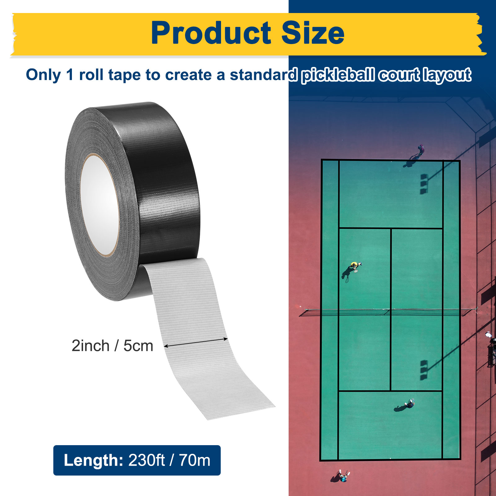 Uxcell Pickleball Court Tape, 2Inch x 230Ft Outdoor Pickleball Lines, Court Marking Kit for Temporary/Gym/Tennis/Driveway/Badminton/Sport [Black]