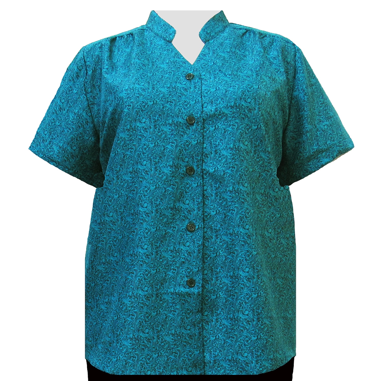 A Personal Touch Womens Plus Size Short Sleeve Mandarin Collar V-Neck Button-Front Blouse With Shirring
