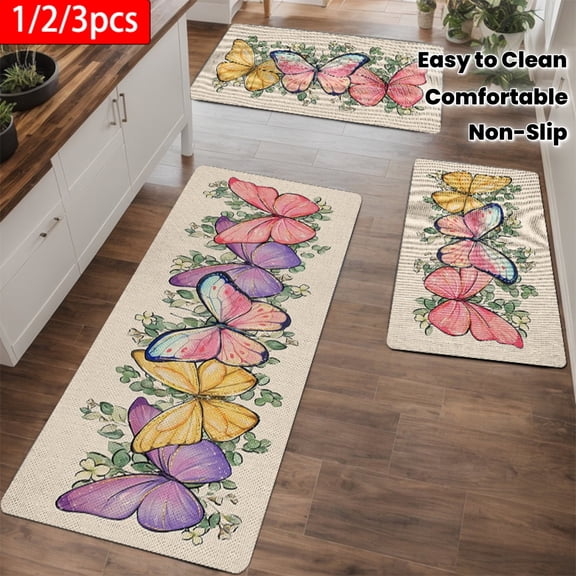 1/2/3pcs Spring Vitality Kitchen Carpet Set | Butterfly Style Flannel Carpet, Non-Slip, Soft, Comfortable, Easy to Clean, Suitable for Bathroom, Door Mat, Bedroom, Living Room, Porch, RV Decoration