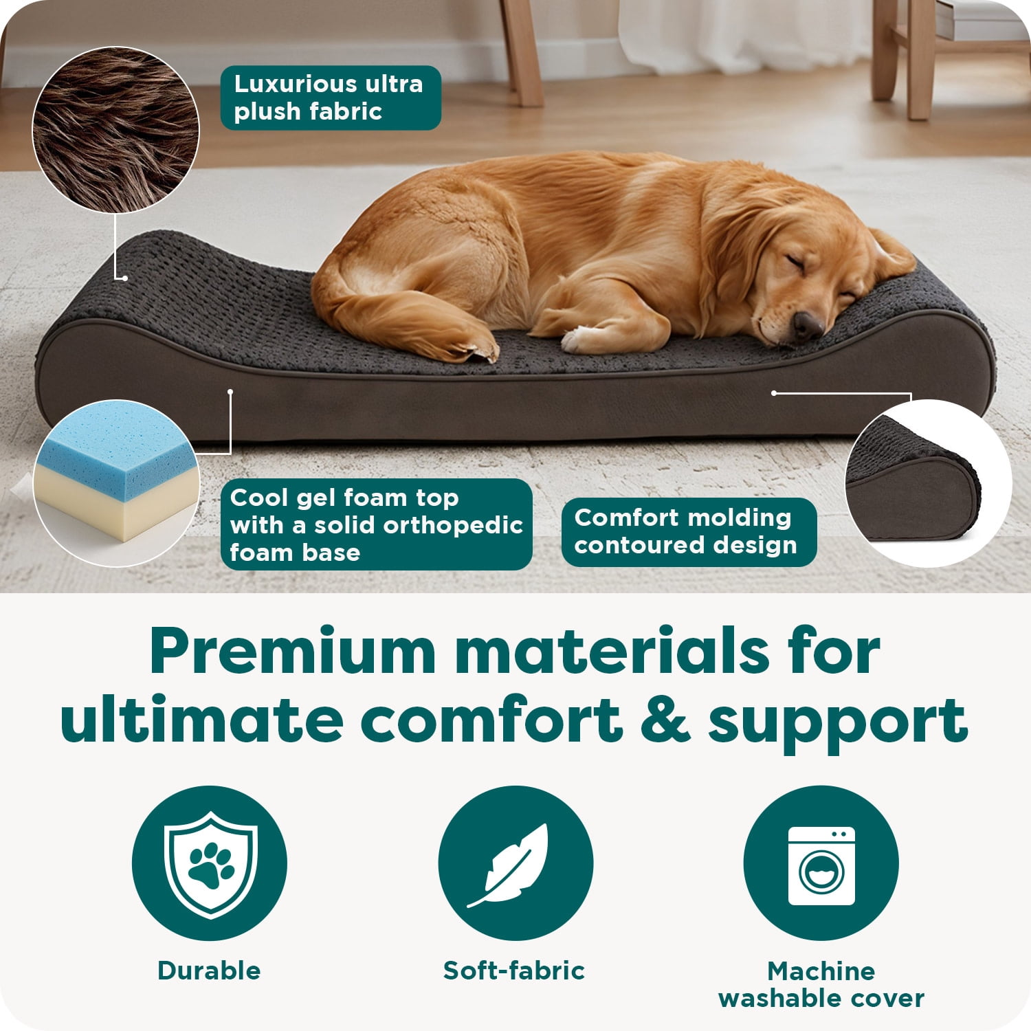 FurHaven Orthopedic Dog Bed for Large Dogs, Luxe Lounger Contour Mattress, Cool Gel-Top Foam with a Solid Orthopedic Foam Base for Joint Support, Washable Cover, Jumbo Plus XXL, Faux Fur & Suede, Gra