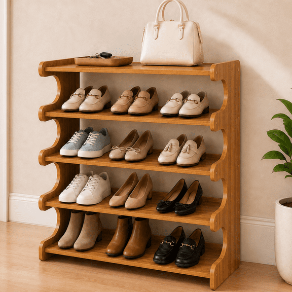 MEHOOM 5 Tier Bamboo Shoe Rack Organizer for Closet, Entryway, Dorm, Garage, Sturdy Shoe Storage Shelf, 28"x11"x27" (Natural)