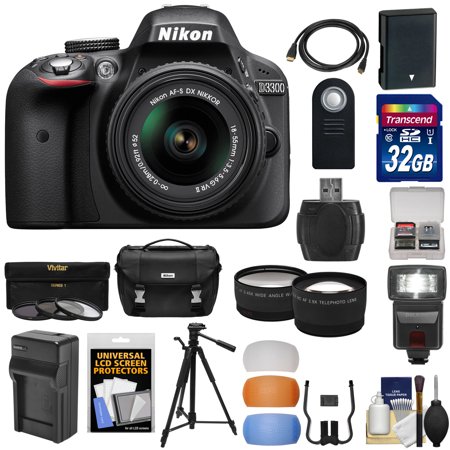 Nikon D3300 Digital SLR Camera & 18-55mm G VR DX II AF-S Zoom Lens (Black) with 32GB Card + Battery & Charger + Case + Tripod + Flash + Tele/Wide Lens