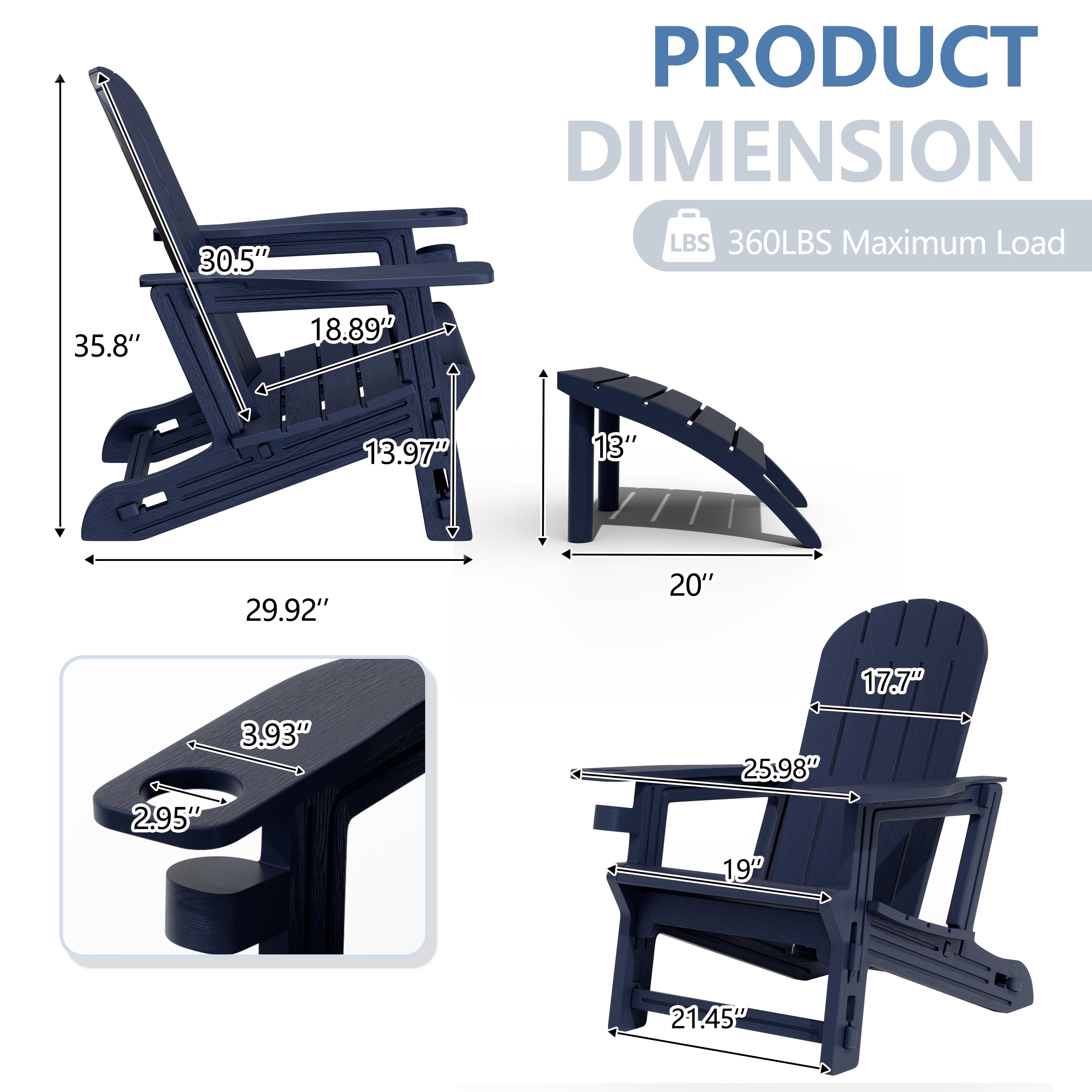 Walsunny Adirondack Chairs Set of 2 HDPE Outdoor Chair Set with Connecting Tray Cup Holder Removable Tabletop Pull-Out Footrest,All-Weather HDPE Outdoor Chair Set,Dark Blue