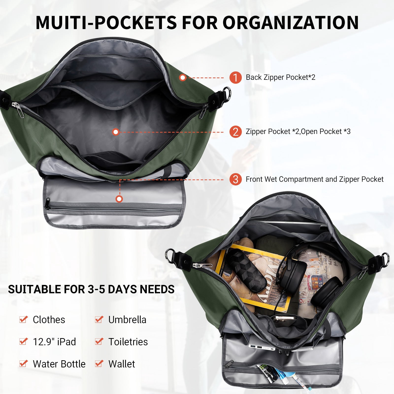 WITZMAN Travel Duffle Bags for Men Weekender Bags with Toiletry Bag Sets Carry on Overnight Bag 55L（B696 Army Green）