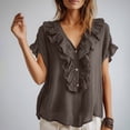 thumbnail image 5 of Craaazy Women Plus Size Tops Loose Fit Solid Color V Neck Ruffle Placket Short Sleeve Cotton T Shirts for Daily Wear Gift, 5 of 9