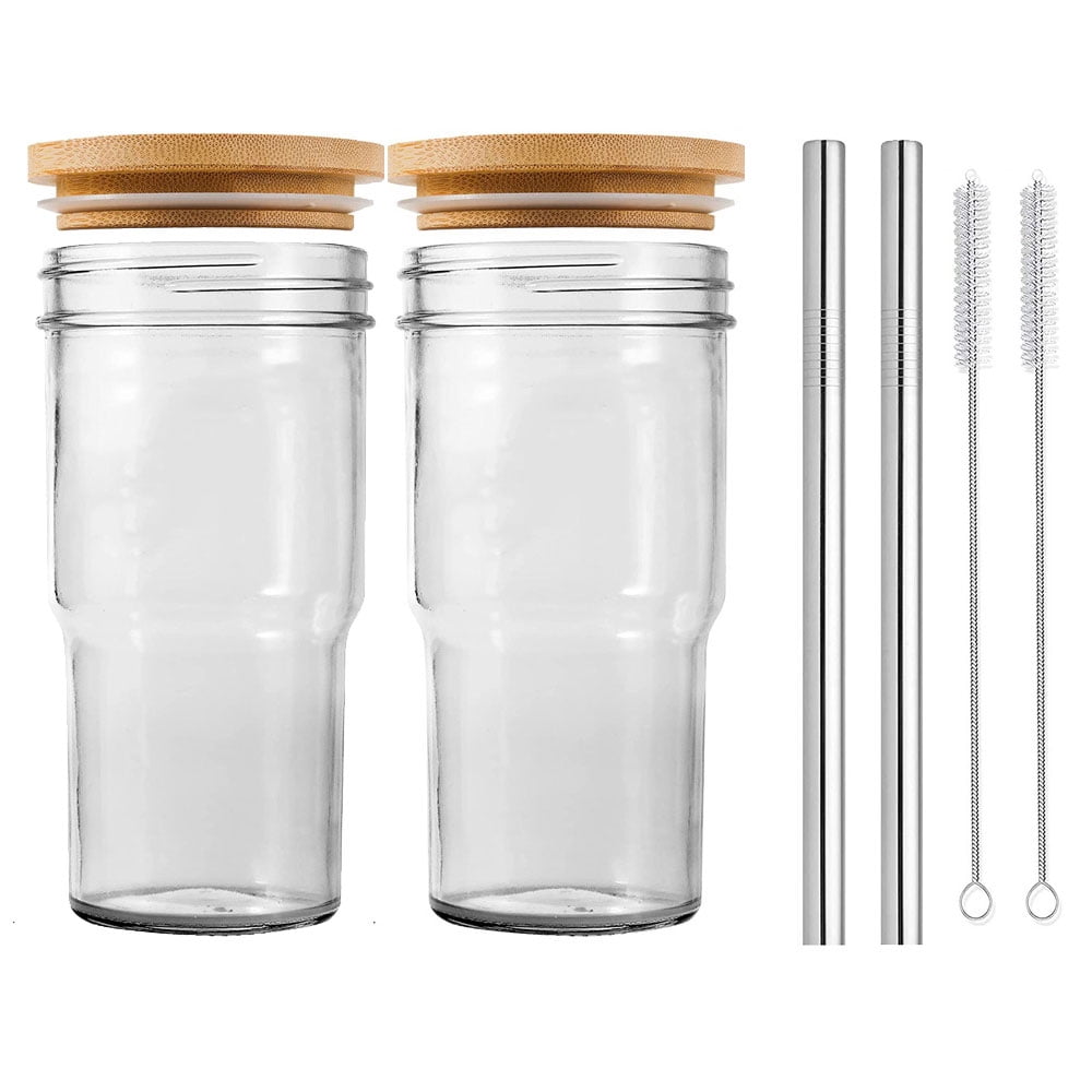 Aosijia 2 Pcs 24 OZ Glass Cups with Bamboo Lids and Stainless