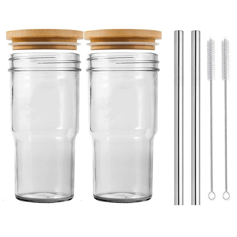 1PC 16oz. Can Shape Glass Cup with Bamboo Lid and Glass Straw