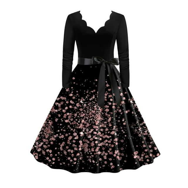 SZXZYGS Robes Midi pour Femmes Robes Formelles Fluides pour Femmes Robe de Fête Col en V Robe à Manches Longues Robe de Cocktail Robe Trapèze Évasée Robes de Soirée 2024