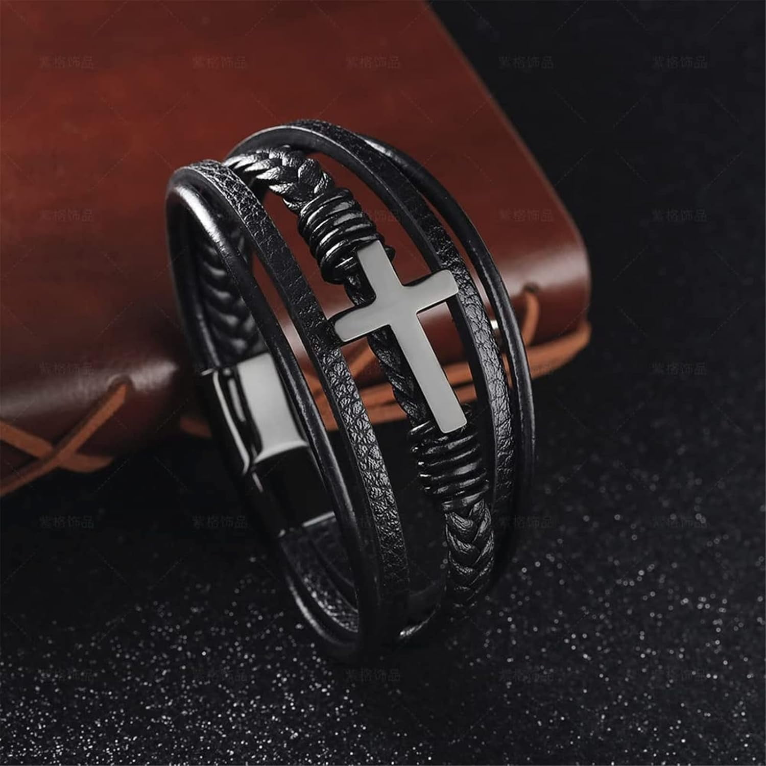 to My Son- Love You Forever Pray Through It Leather Cross Bracelet, Inspirational Bracelets, Men's Leather Stainless Steel Black Braided Leather Bracelet, Jewelry Gift for Son