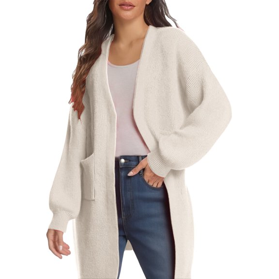 Women's Mid-Length Knit Cardigan, Solid Color Open Front Sweater, Long Sleeve Pocketed Coat, Soft Casual Outerwear, Autumn Winter Layer Beige L