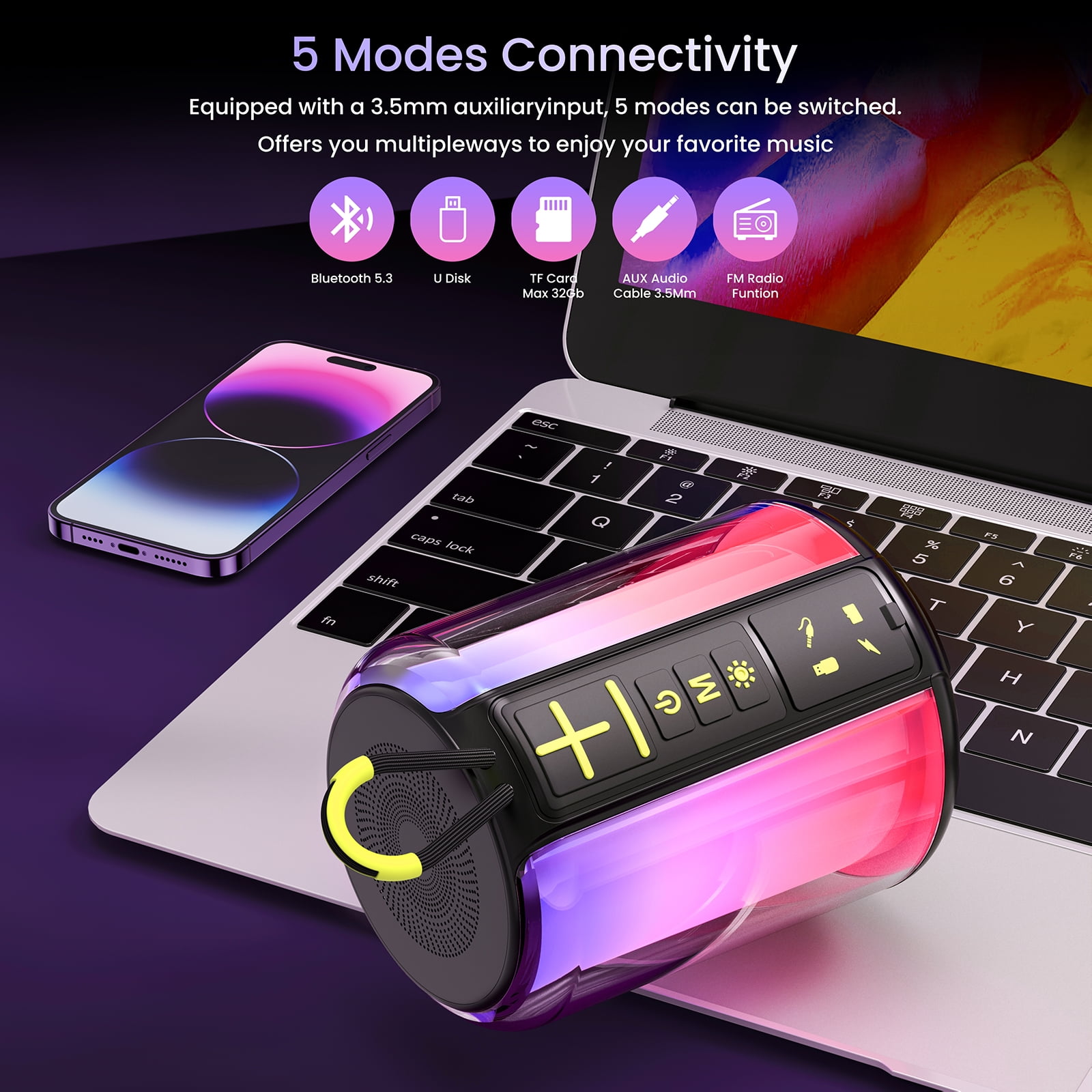 AUOSHI Portable Bluetooth Speaker,  18H Playing Time Wireless Speaker with LED Party Lights, TWS Wireless 5.3 Bluetooth Speaker with AUX, TF, for Laptop, Phone, MP3, Black  (图2)
