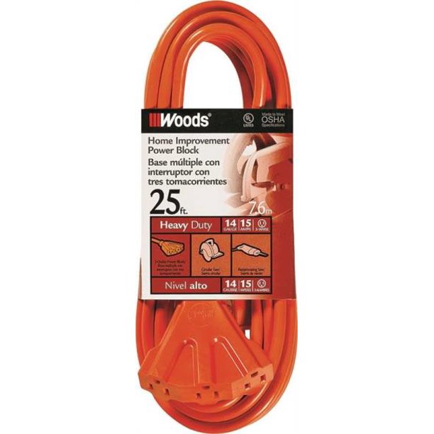 Woods 0825 14/3 25' Orange Outdoor MultiOutlet Extension Cord