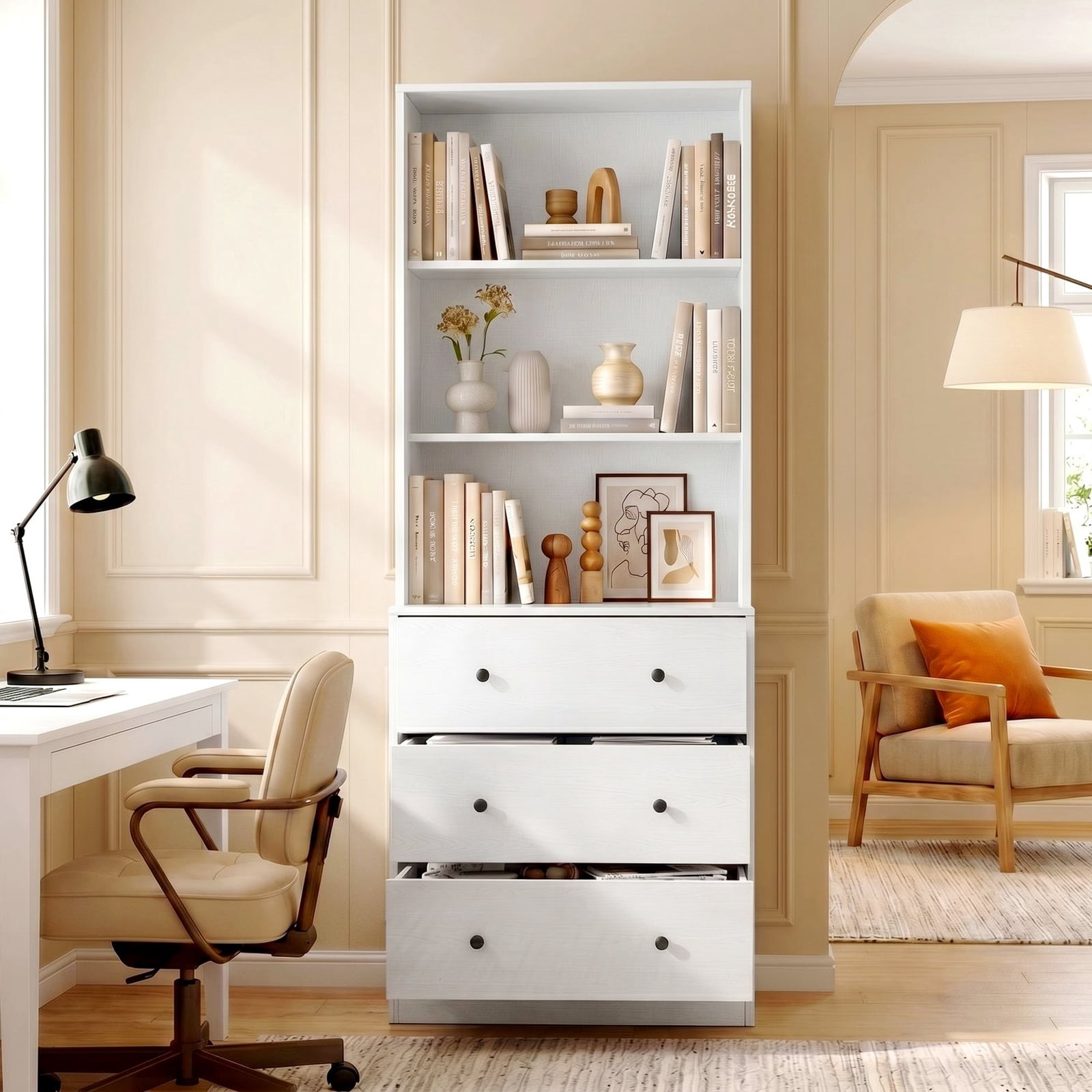 RichYa 71'' Tall Bookcase with 3 Drawers, 3-Tier Open Display Bookshelves, Freestanding Storage Cabinet for Home Office,Living Room,White
