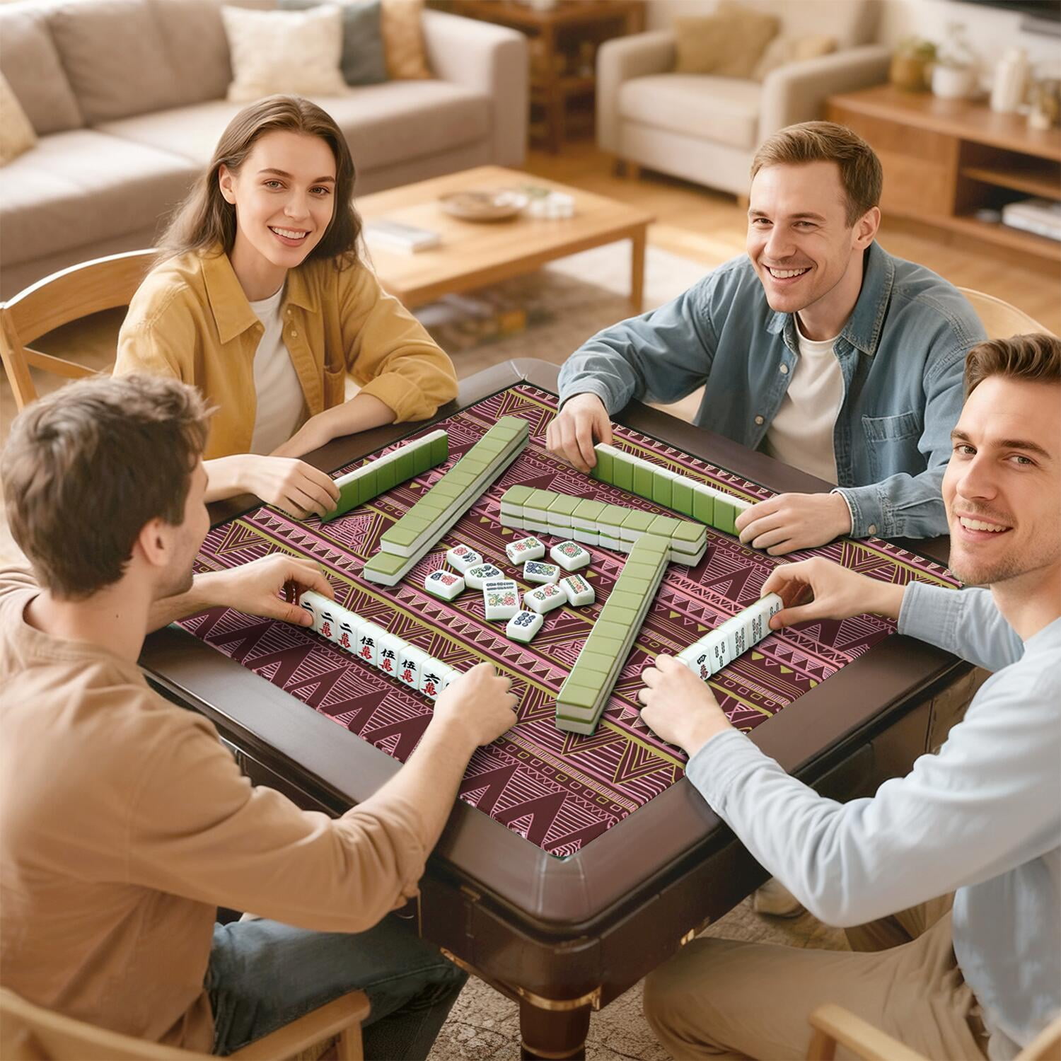 Square Bohemian Pattern Mahjong Mat 31.5 Inches Made of Premium Rubber with Anti-Slip Non-Slip Properties and Noise Reduction for Card Games
