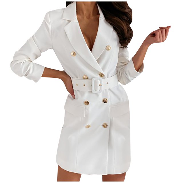 WEIYLL Womens Fleece Jackets Double Long Sleeve Belt Dress Solid Color Mid Length White Fall Clothes Size S