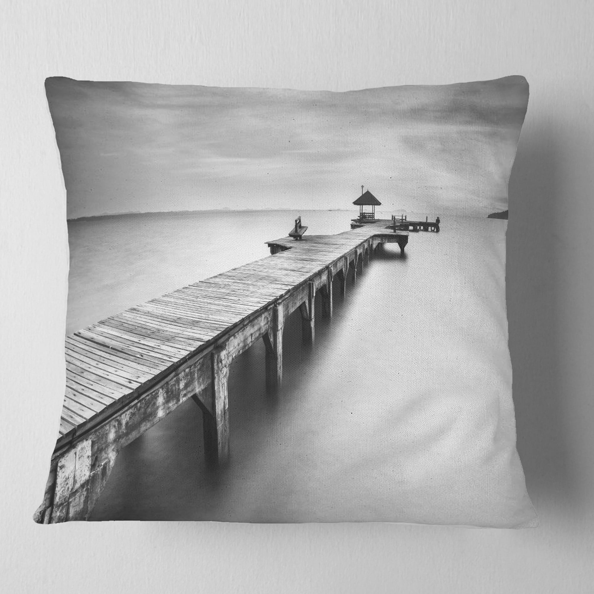 Designart Wooden Sea Bridge - Seascape Photography Throw Pillow - 16x16