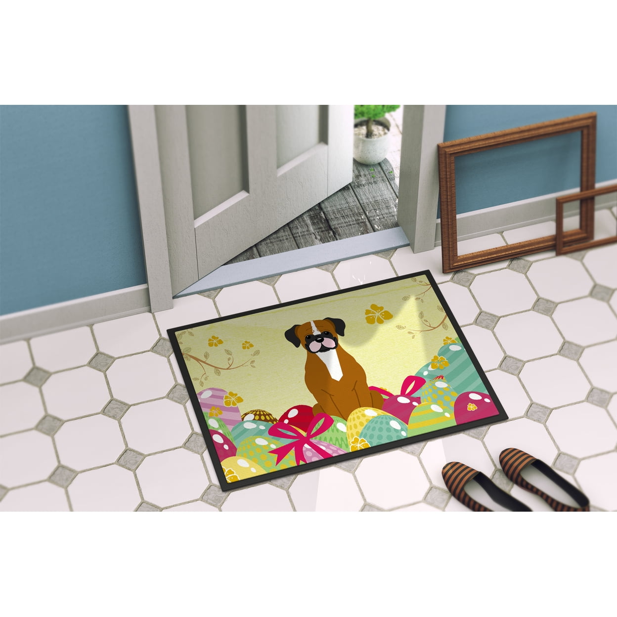 Carolines Treasures BB6116JMAT 24 x 36 in. Easter Eggs Flashy Fawn Boxer Indoor or Outdoor Mat
