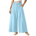 thumbnail image 3 of Thousandth Women Wide Leg Palazzo Pants Casual Cotton Elastic Drawstring High Waist Trousers With Pockets Loose Fit Vacation Beach Flowy Pants, 3 of 9