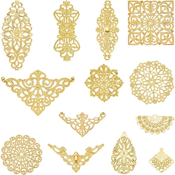 104Pcs Gold Filigree Connectors Filigree Jewelry Findings Metal Filigree Pieces Rhombus Flower Links Filigree Connector Charms Chandelier Charm for Jewelry Making Earrings DIY Hairpin DIY