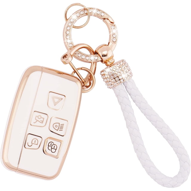 Car Key Fob Cover Fit for Range Rover Sport Evoque LR4 Jaguar XF XJ XJL F-pace 5 Buttons TPU Soft Key Shell Case Smart White Car Key Protector with Bling Leather Keychain,1,white