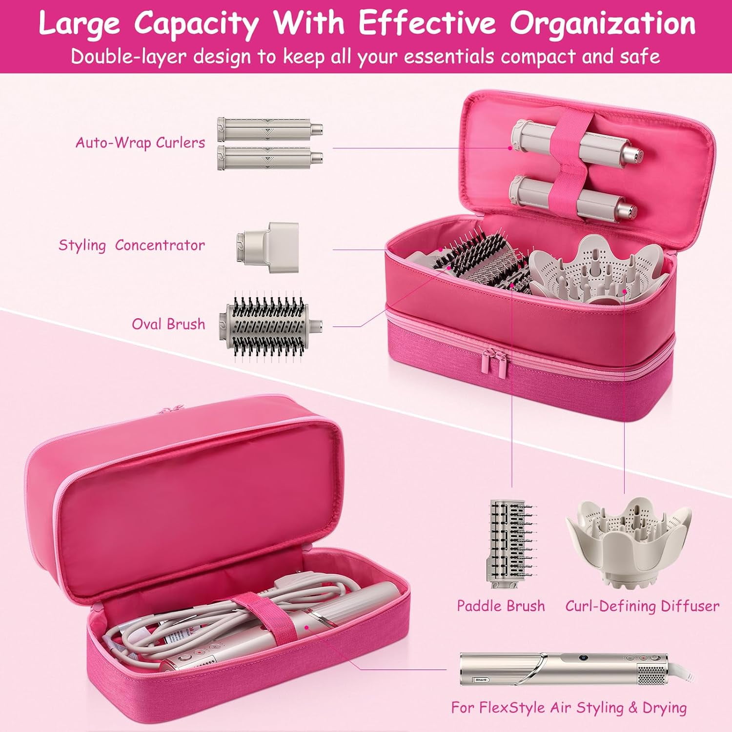 Travel Carrying Case for Hair Dryer for Shark Flexstyle Double-Layer Hair Accessories Tools Storage Bag for Revlon Hairdryer Styler Organizer (PINK)