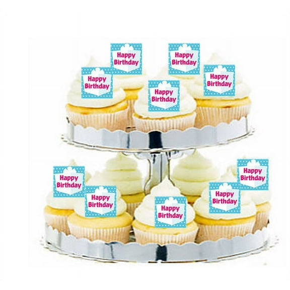 24pk Happy Birhtday Wrapped Gift Edible Cupcake Decoration Toppers / Picks