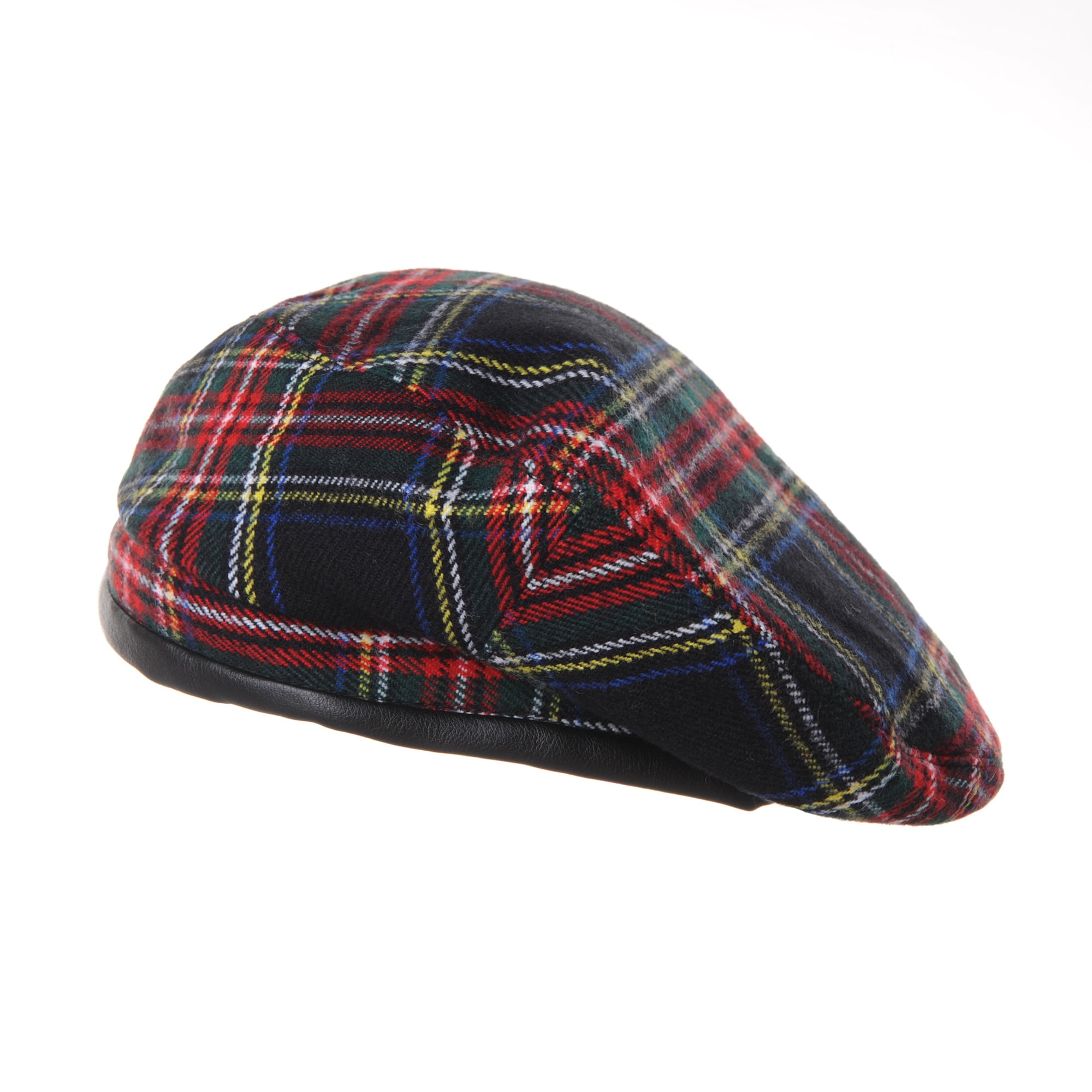 WITHMOONS Wool Beret Hat Tartan Check Leather Sweatband KR9539 (Black ...