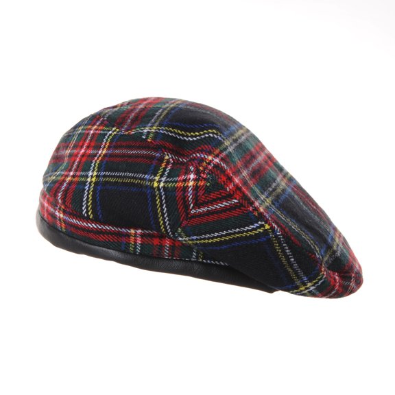 WITHMOONS Wool Beret Hat Tartan Check Leather Sweatband KR9539 (Black)