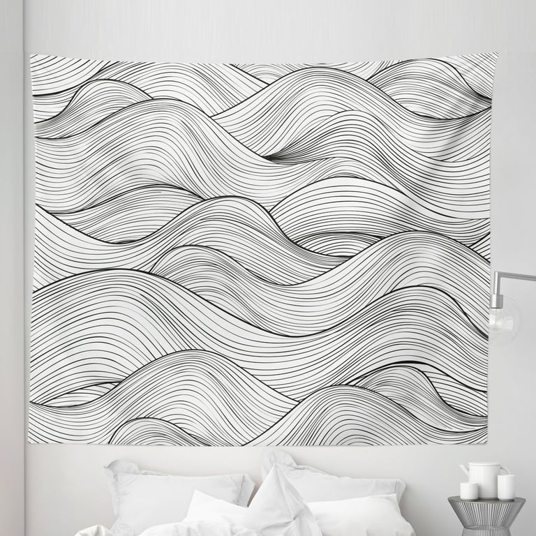 Dark Grey Tapestry Abstract Geometric Waves Ocean Sea Inspired Monochrome Design Fabric Wall Hanging Decor for Bedroom Living Room Dorm 5 Sizes