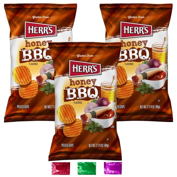 Herr's Honey BBQ Flavored Ripple Potato Chips, Gluten Free Crispy Crunchy Snacks for Party Treats Stuffers Movie Night Lunch On the Go Snacking 2.25 oz 3 Pack w/ Bonus Snoep in Beperkte Oplage