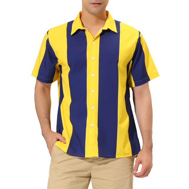 INSPIRE CHIC Men's Striped Button Down Short Sleeve Hawaiian Color Block Shirts M Navy Yellow