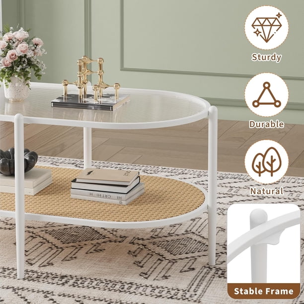 Historyli Mesa de centro de ratán de dos niveles,estilo bohemio,ovalada,con tablero de cristal templado,estilo rústico,con ondas de agua,de metal,para té,estante de almacenamiento